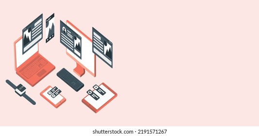 Flat 3d Isometric Electronic Devices. Wireless Technology Concept. Smartwatch, Smartphone, Tablet, Laptop, Desktop Computer And Tv. All Modern Screen Devices. Vector Illustration