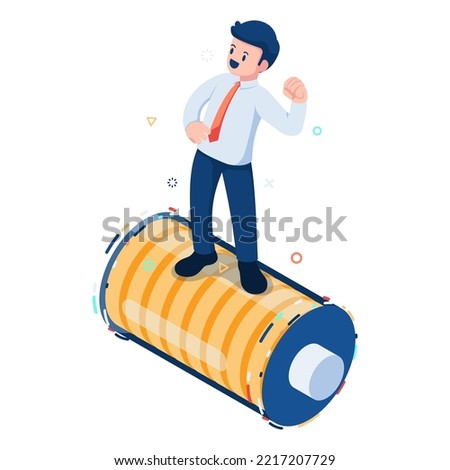 Flat 3d Isometric Energized Businessman Standing on Full Energy Battery. Full of Energy Business People Concept. Foto stock © 