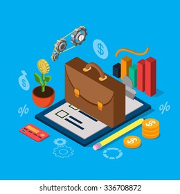 Flat 3d Isometric Equity Stock Exchange Investment Portfolio Icon Set Concept Web Infographics Vector Illustration. Briefcase On Checklist Graphic Credit Card Coin Cogwheel Mechanism Plant.