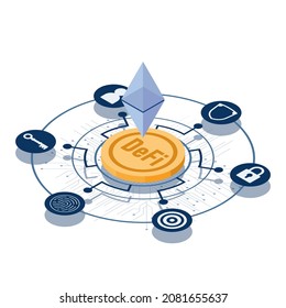 Flat 3d Isometric Ethereum on Golden Coin Decentralized to Security Icon Outside. DeFi Decentralized Finance and Blockchain Technology Concept
