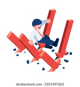 Flat 3d Isometric Evading Falling Financial Graph. Financial Crisis Management and Business Survival Concept.