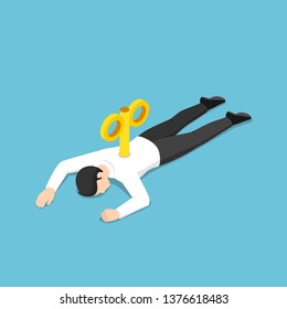 Flat 3d isometric exhausted businessman with wind-up key in his back lying on the floor. Hard working and overworked concept.