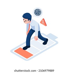 Flat 3d Isometric Exhausted Businessman with Low Energy Battery. Burnout Syndrome Concept.