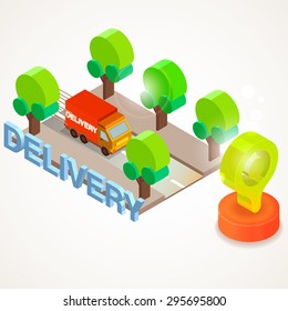 Flat 3d isometric express delivery services industry web infographic concept, Delivery van with route map . Vector illustration