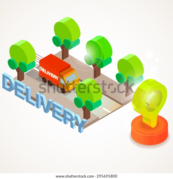 Flat 3d isometric express delivery services\
industry web infographic concept, Delivery van with route map .\
Vector illustration