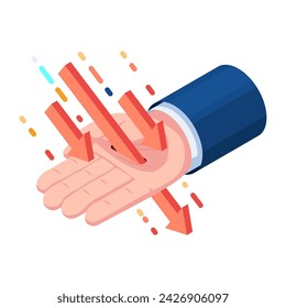 Flat 3d Isometric Falling Arrow Piercing Through Businessman Hand. Investment Risk and Downtrend Stock Market Concept. svg