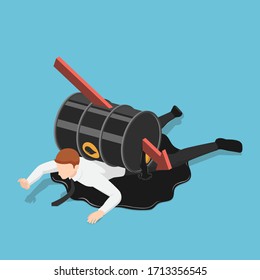 Flat 3d isometric falling red arrow piercing through oil barrel over businessman. Oil price crisis concept.