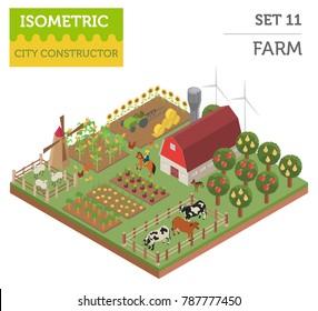 Flat 3d isometric farm land and city map constructor elements isolated on white. Build your own infographic collection. Vector illustration