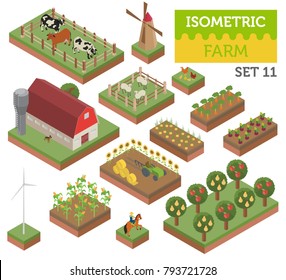 Flat 3d isometric farm land and city map constructor elements isolated on white. Build your own infographic collection. Vector illustration