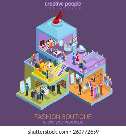 Flat 3d isometric fashion boutique shopping mall sale concept vector. Clothes, clothing bags jewelry shoes mannequin indoor interior floors walking shoppers. Multi-use retail store business concept.