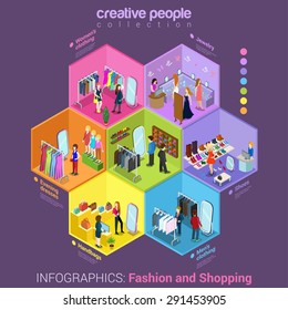 Flat 3d isometric fashion shopping mall cell abstract interior room customers clients buyers workers staff concept vector infographics. Creative business people in cells collection.