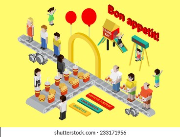 Flat 3d isometric fast food, burger and fries web infographic concept vector. Fastfood disease conveyor. Fatness trans fat diabetes carcinogen hepatic. Collection of cartoon conceptual illustrations.