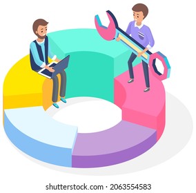 Flat 3d isometric finance analytics, chart graphic report web infographic. Business statistics and data analysis. Employees work with statistical indicators, operating system maintenance, settings