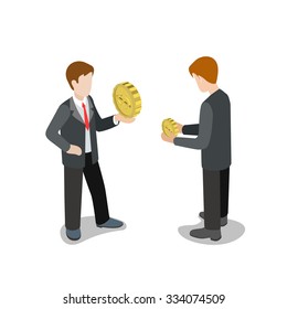 Flat 3d Isometric Financial Strength Comparison Concept Web Infographics Vector Illustration. Businessmen With Big And Smaller Coins. Creative People Collection.