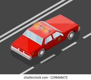 Flat 3D isometric fire dept car model road. City transport automobile set. Sedan fire department auto. Urban classic motor vehicle. Auto infographic route. Vector isometric fire automobile icon set