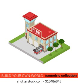Flat 3d isometric fire station building block infographic concept. Rescue service service office tower car truck. Build your own infographics world collection