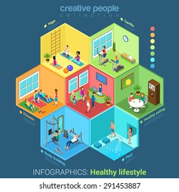 Flat 3d isometric fitness center sport club abstract interior room cell workers staff concept vector infographics. Healthy lifestyle concept. Creative people in cells collection.