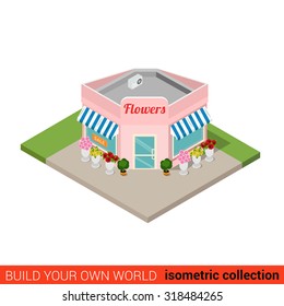 Flat 3d isometric flower shop building block infographic concept. Street corner flowers sales point. Build your own infographics world collection