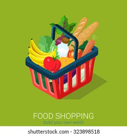 Flat 3d Isometric Food Grocery Shopping Web Infographics Concept. Shopping Cart Full Of Vegetable Fruit Milk Cheese Baguette Bread. Creative People Collection.