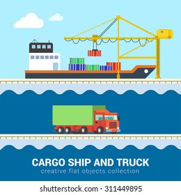 Flat 3d isometric funny cartoon cargo delivery sea ocean road transport icon set. Truck van automobile wagon motor lorry container ship port loading. Build your own world web infographic collection.