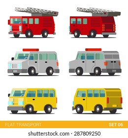 Flat 3d isometric funny city emergency service road transport icon set. Fire department police dept van SWAT armored car taxi minibus. Build your own world web infographic collection.