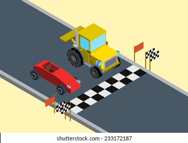 Flat 3d Isometric Funny Race Competition Parody Web Infographic Concept Vector. Sports Car Bolide Versus Tractor On Race Track Start Line.