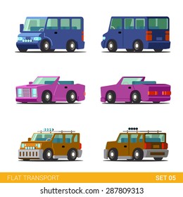 Flat 3d isometric funny road transport icon set. Minibus cabriolet convertible coupe universal family car. Build your own world web infographic collection.