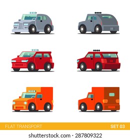 Flat 3d isometric funny road transport icon set. Van hatchback truck delivery car. Build your own world web infographic collection.