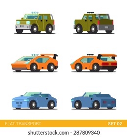 Flat 3d isometric funny road transport icon set. Off road SUV sport scar super car cabrio convertible cars. Build your own world web infographic collection.