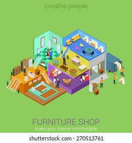 Flat 3d isometric furniture shop interior mall business concept vector. Bedroom living dining room table sofa stool chair mirror carpet cupboard locker indoor interior floors with walking shoppers.