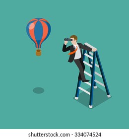 Flat 3d isometric future look forecast concept web infographics vector illustration. Businessman on stepladder looking through binoculars on balloon. Creative people collection.