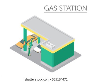 Flat 3d isometric Gas station and city map constructor elements such as building, filling equipment, refuelers, transport isolated on white. Build your own infographic collection. Vector illustration