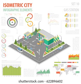 Flat 3d isometric Gas station and city map constructor elements such as building, filling equipment, refuelers, transport isolated on white. Build your own infographic collection. Vector illustration