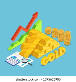 Flat 3d Isometric Gold Bar With Rising Stock Market Graph, Dollar Coins, Financial Document. Gold Investment Concept.