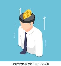 Flat 3d Isometric Golden Coin Putting Inside Businessman Head. Investing in Knowledge and Self Improvement Concept.