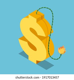 Símbolo plano 3d isométrico del dólar dorado con fusible en llamas. Concepto de crisis financiera y económica.