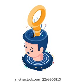 Flat 3d Isometric Golden Key Unlock Businessman Head. Unlock Business Idea and Open Mind Concept.