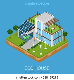 Flat 3d isometric green eco friendly house concept. Electric car sun battery wind turbine and house on rectangular platform. Build your own world collection.