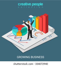 Flat 3d isometric growing business concept web infographics vector illustration. Successful micro businessman standing on big report document pie chart bar graphic. Creative people collection.