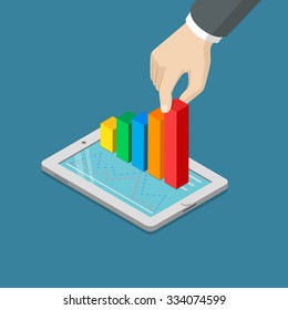 Flat 3d isometric growing profit hand stretching bar graphic from tablet concept web infographics vector illustration. Creative people collection.