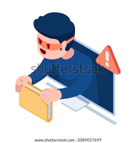 Flat 3d Isometric Hacker or Thief Come Out from Monitor and Stealing Folder. Hacker and Cyber Crime Concept.