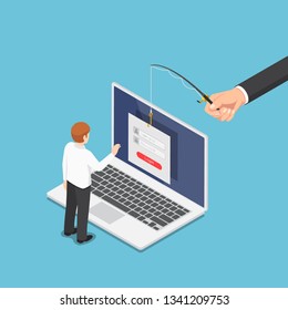 Flat 3d isometric hacker trying to steal data from businessman by phishing scam. Hacker and internet data security concept.