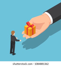 Flat 3d Isometric Hand Giving Gift Box To Businessman. Business Holiday Celebration And End Of Year Bonus Concept.