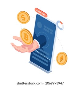 Flat 3d Isometric Hand Holding Bitcoin with Dollar Coin and Ethereum Orbiting Around. Cryptocurrency Exchange Platform.