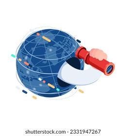 Flat 3d Isometric Hand with Telescope out from The World. Global Business Vision Concept.