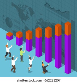 Flat 3d Isometric Happy Business People Celebrating Success in front of Growth Graph, Business Success Concept