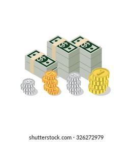 Flat 3d isometric heap of dollar banknote pack coin web infographics concept. Creative people collection.