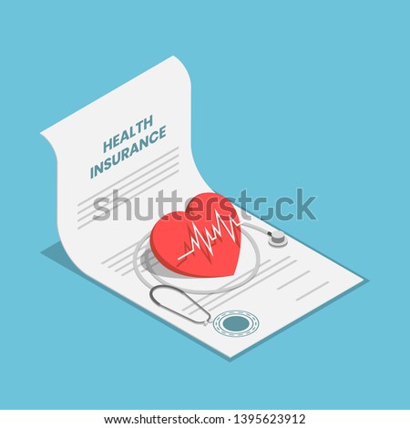 Flat 3d isometric heart and stethoscope on health insurance contract document. Healthcare medical insurance business concept.