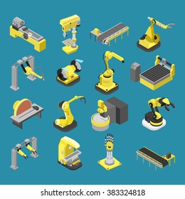 Flat 3d isometric heavy robotics industry machinery icon set concept web infographics vector illustration. Woodworking power-saw ench jigsaw manipulator robot robotized. Creative people collection.