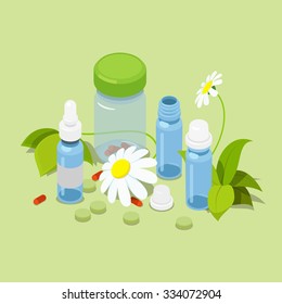 Flat 3d isometric herbal heeling cure alternative medicine concept web infographics vector illustration. Pistil pestle pounder chamomile leaves tablets dietary supplement powder flour can bottle.